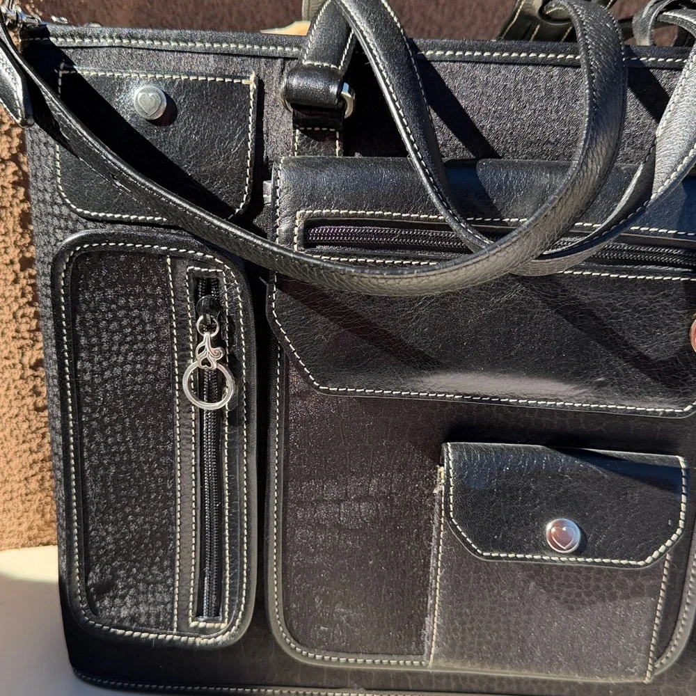 Vintage Brighton Black Leather Briefcase Laptop Bag Multi Pocket Travel Tote